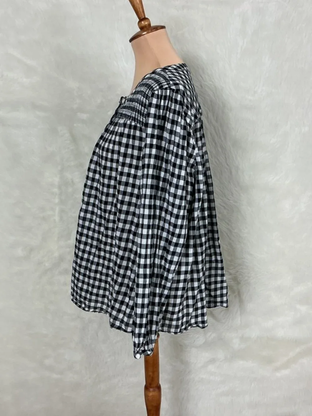 J. Crew Black & White Crinkle Gingham Plaid Smocked Popover Top Plus Size 3X